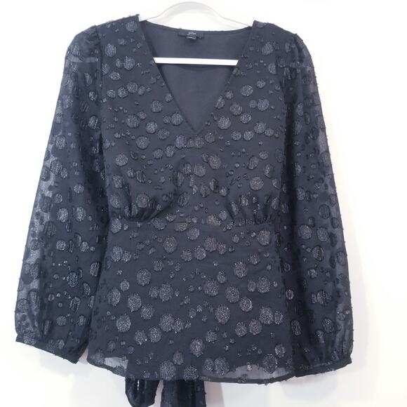 J. Crew Black Polka Metallic Dot Jacquard Blouse V-Neckline Tie Waist - Picture 2 of 13